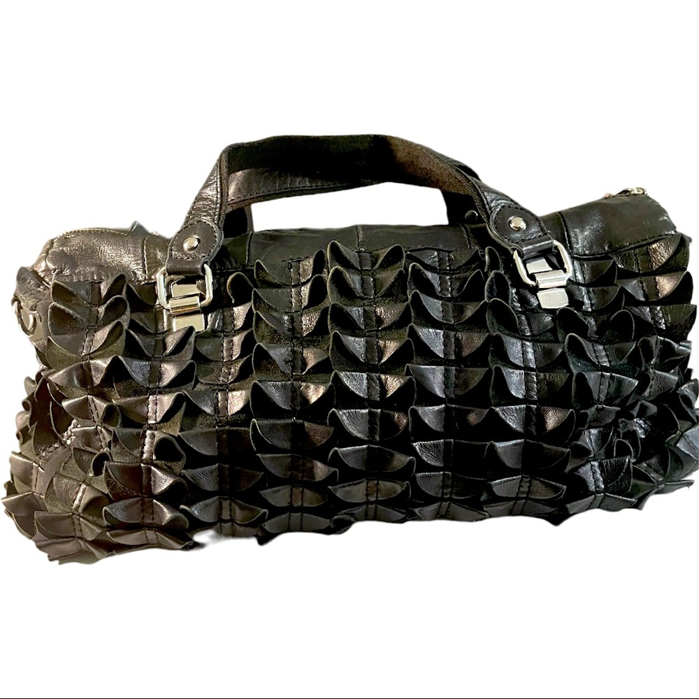 Leather Ruffled Crossbody Satchel Black